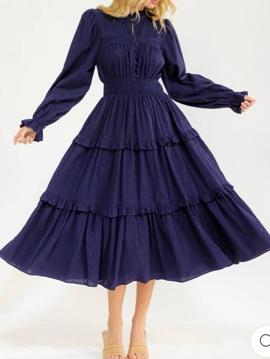 WOMEN’S LONG SLEEVE BUTTON UP ELASTIC WAIST FRONT POCKETS TIERED MIDI DRESS - Picture 3 of 16